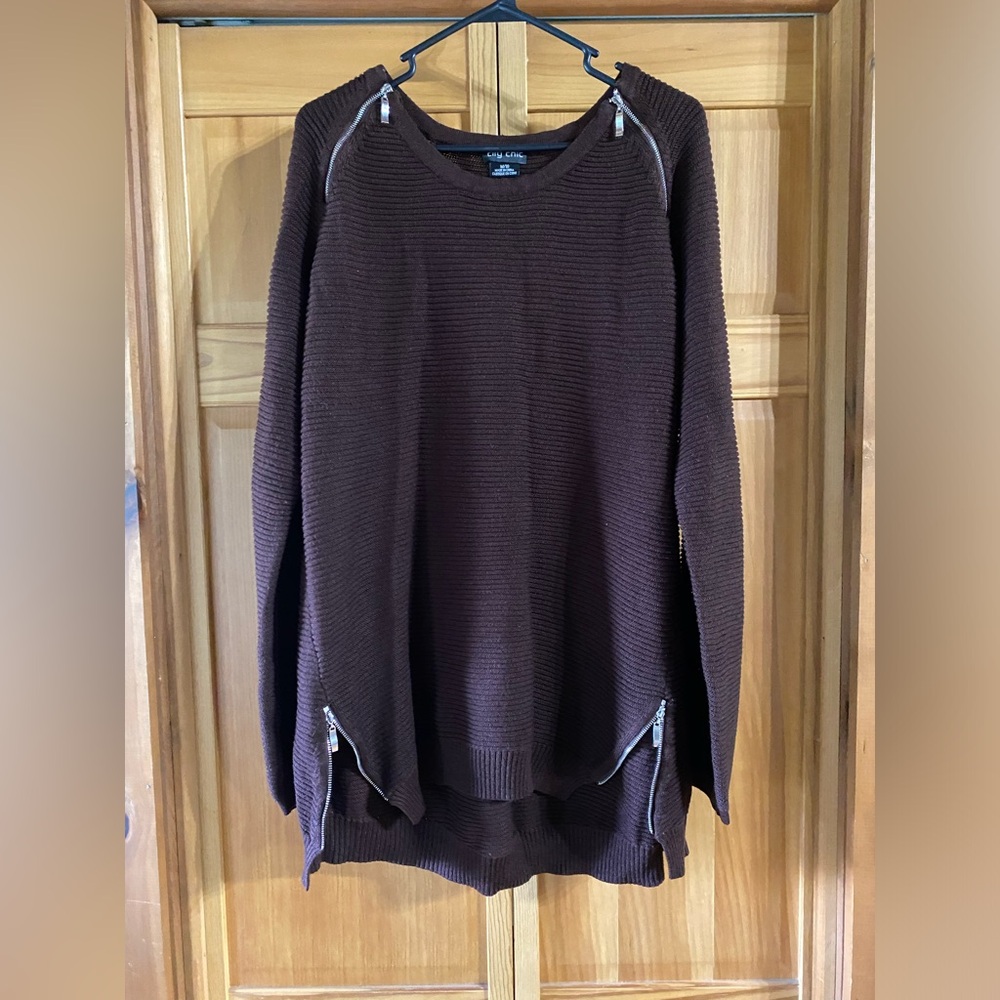 City Chic dark brown zip detail tunic sweater